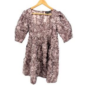 En Saison Jacquard Floral Puff Sleeve Tiered Mini Dress Mauve Pink Brown L‎